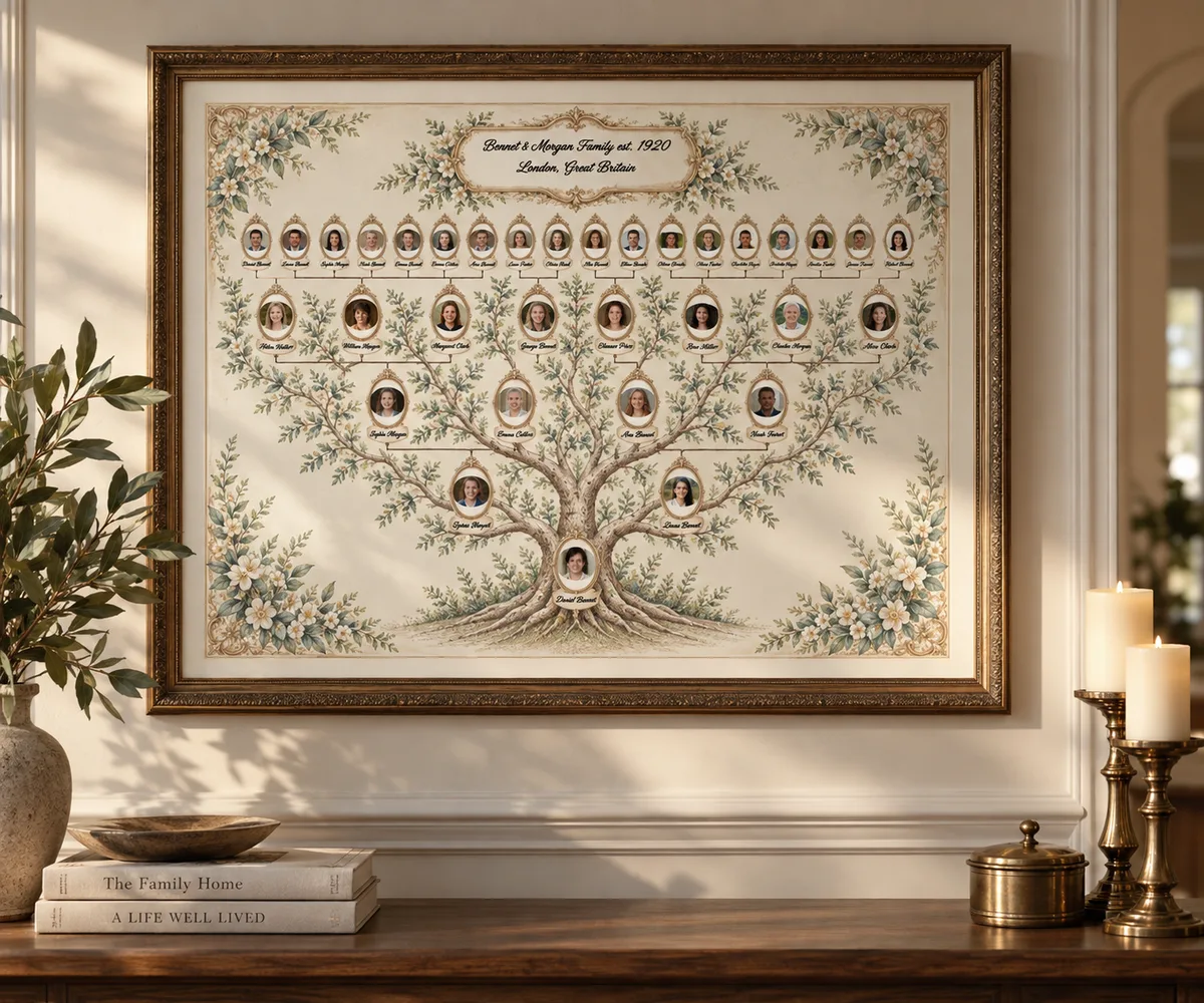 An example of a framed family tree design created in Treeshy